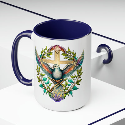 Accent Ceramic Coffee Mug 15oz - Blue Green Multicolor Dove Floral Illustration