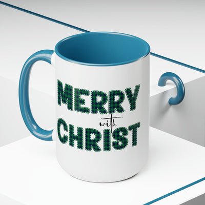 Accent Ceramic Coffee Mug 15oz - Merry With Christ Green Plaid Christmas