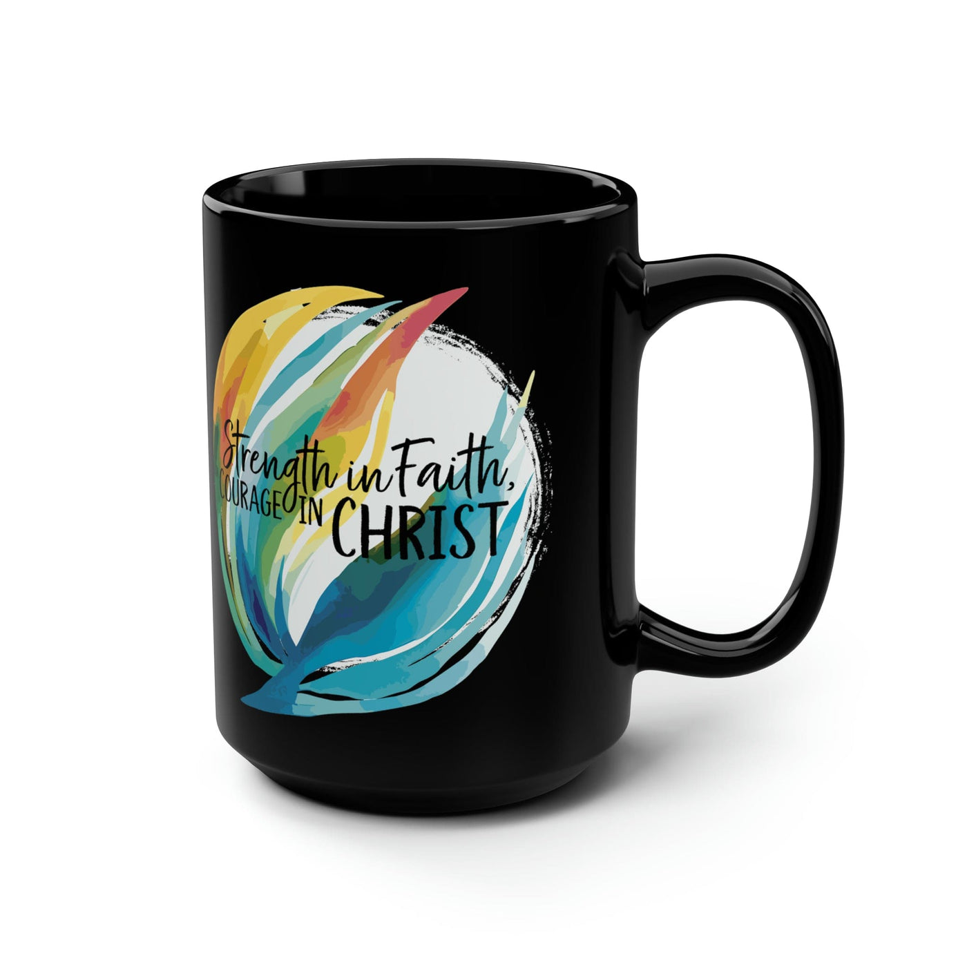Black Ceramic Mugs - 15oz Strength In Faith Courage In Christ Illustration