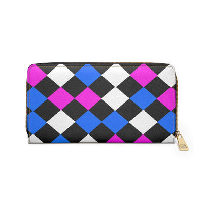 Black Pink Blue Checkered Illustration Womens Zipper Wallet Clutch Purse - Bags