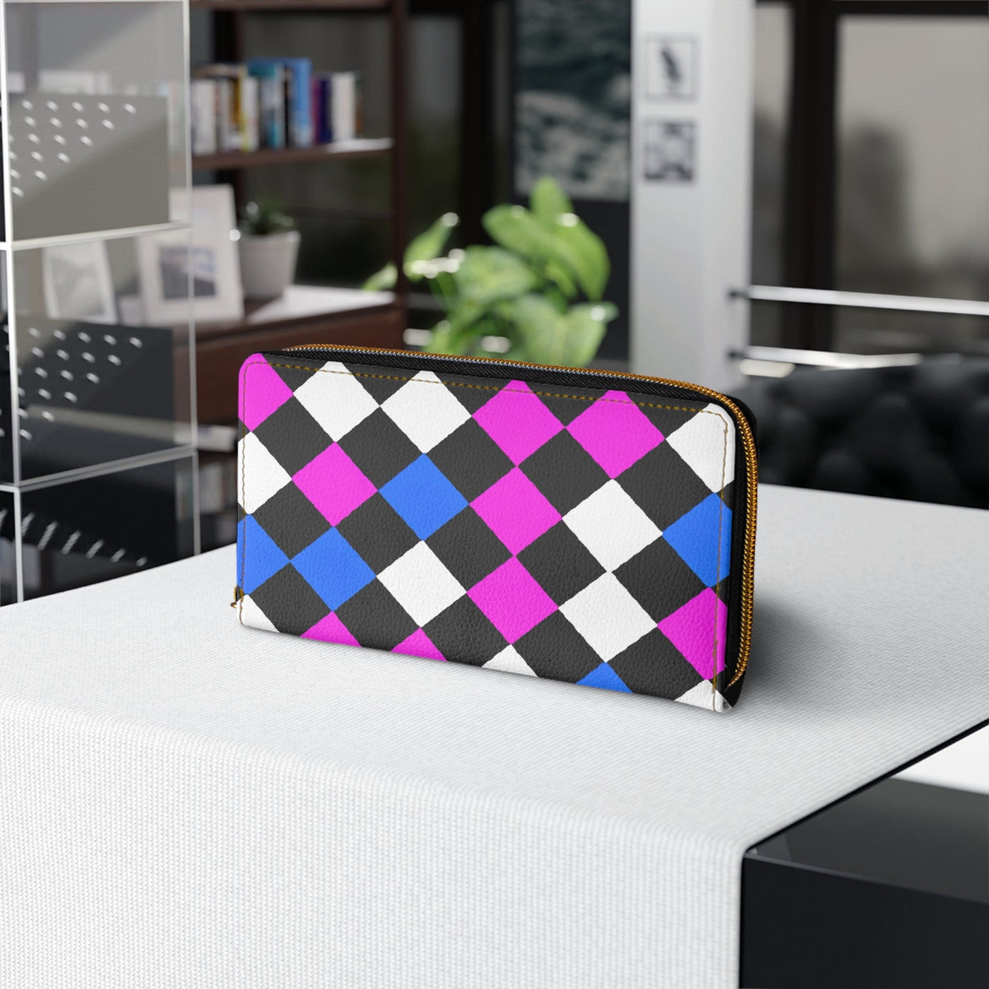 Black Pink Blue Checkered Illustration Womens Zipper Wallet Clutch Purse - Bags