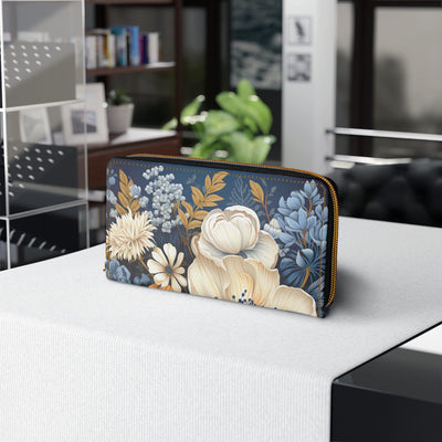 Blue Floral Block Print Illustration Womens Zipper Wallet Clutch Purse - Bags
