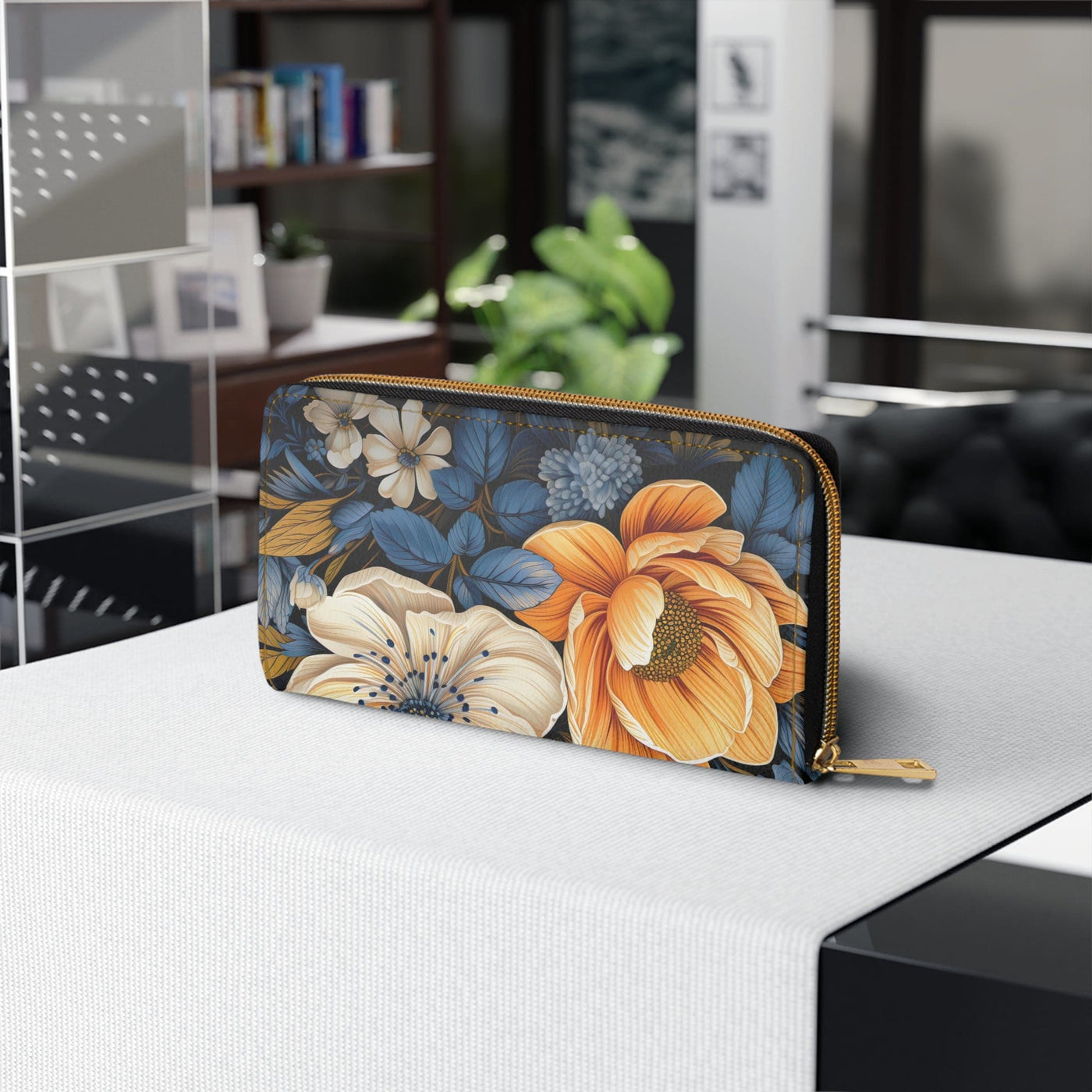 Blue Floral Block Print Illustration Womens Zipper Wallet Clutch Purse - Bags
