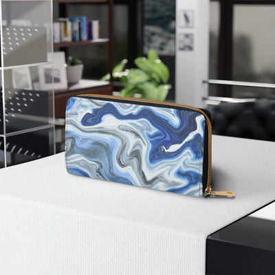 Blue White Grey Marble Pattern Womens Zipper Wallet Clutch Purse - Bags
