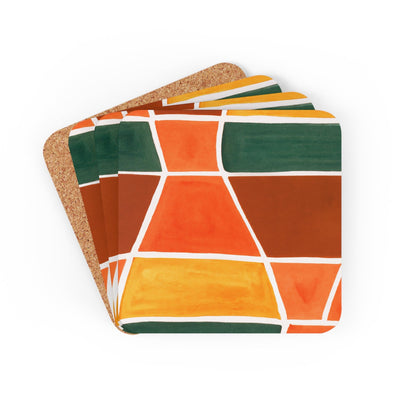 Coaster Set Of 4 For Drinks Orange Green Boho Pattern - Decorative | Coasters