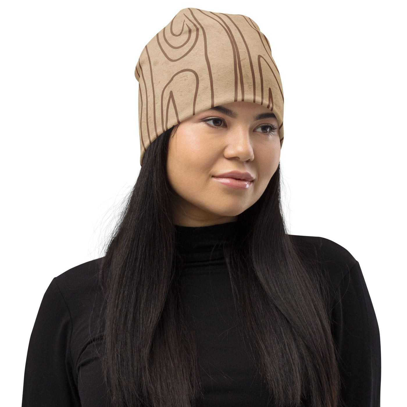 Double-layered Beanie Hat Beige And Brown Tree Sketch Line Art