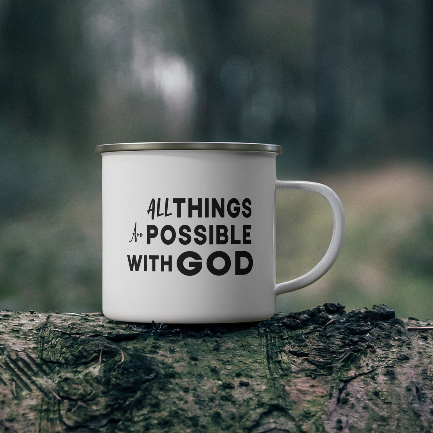 Enamel Camping Mug All Things Are Possible With God Black Illustration
