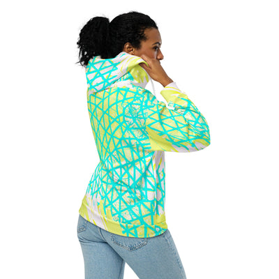 Womens Graphic Zip Hoodie Cyan Blue Lime Green And White Pattern - Womens