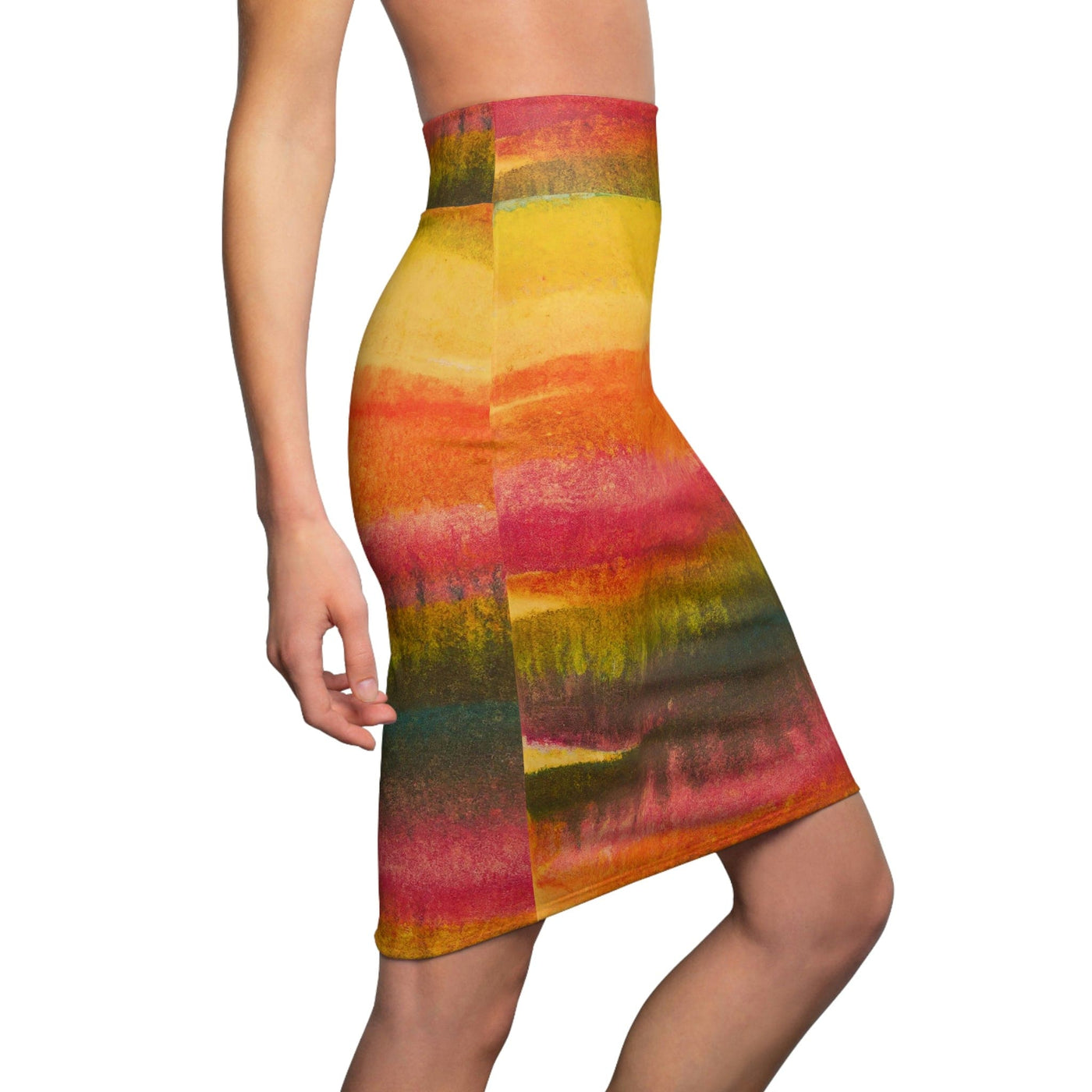 High Waist Womens Pencil Skirt - Contour Stretch Autumn Fall Watercolor
