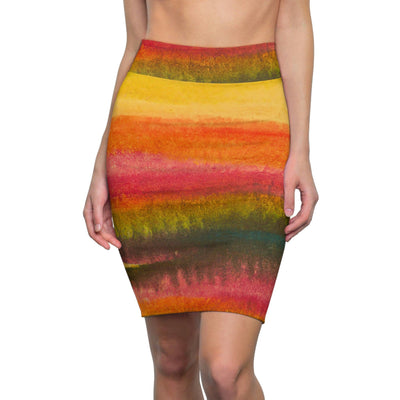 High Waist Womens Pencil Skirt - Contour Stretch Autumn Fall Watercolor