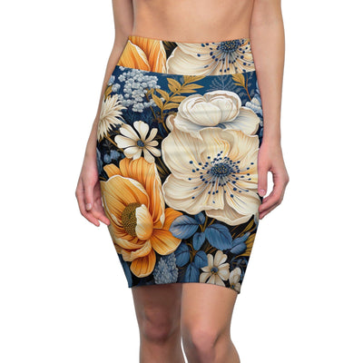 High Waist Womens Pencil Skirt - Contour Stretch - Blue Floral Block Print