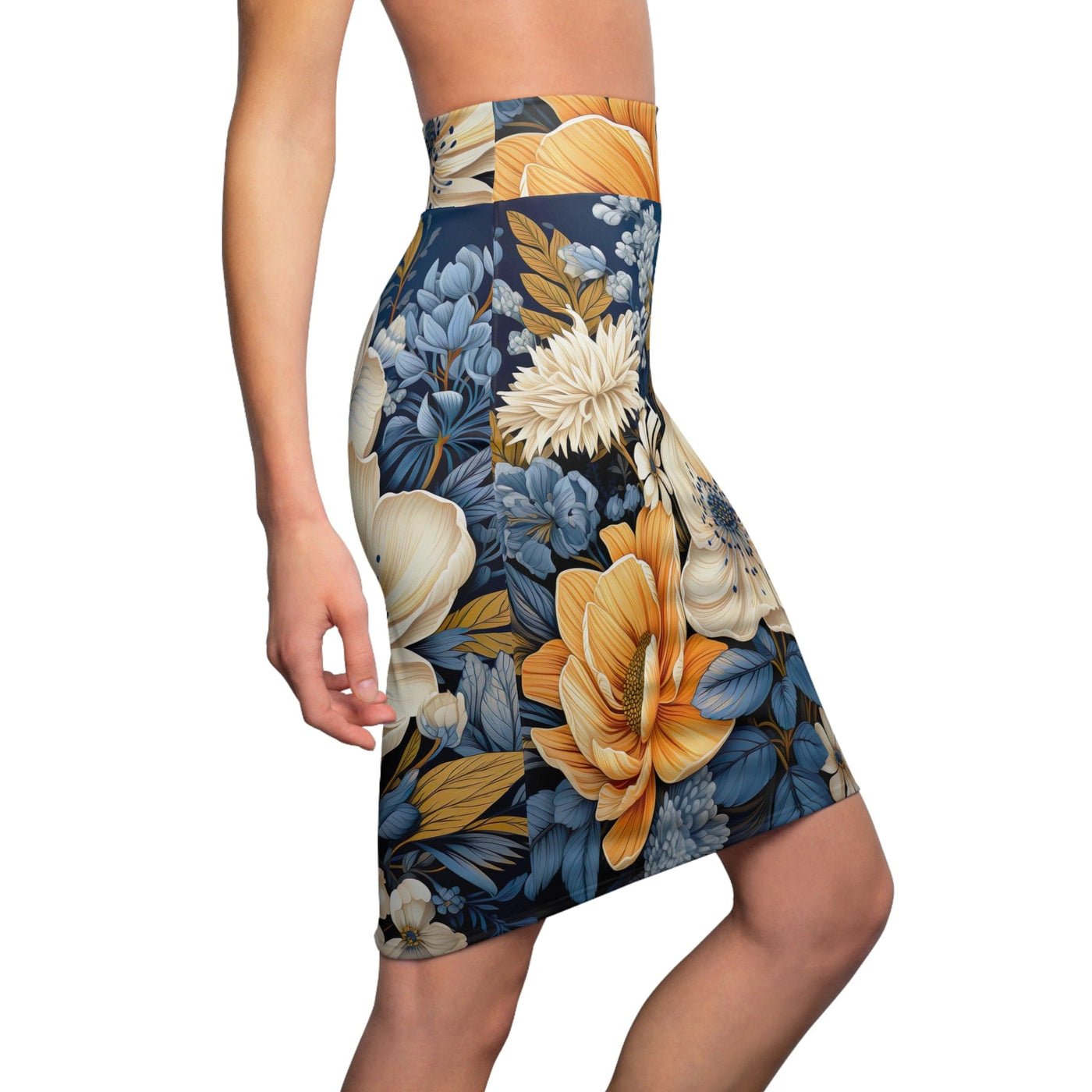 High Waist Womens Pencil Skirt - Contour Stretch - Blue Floral Block Print