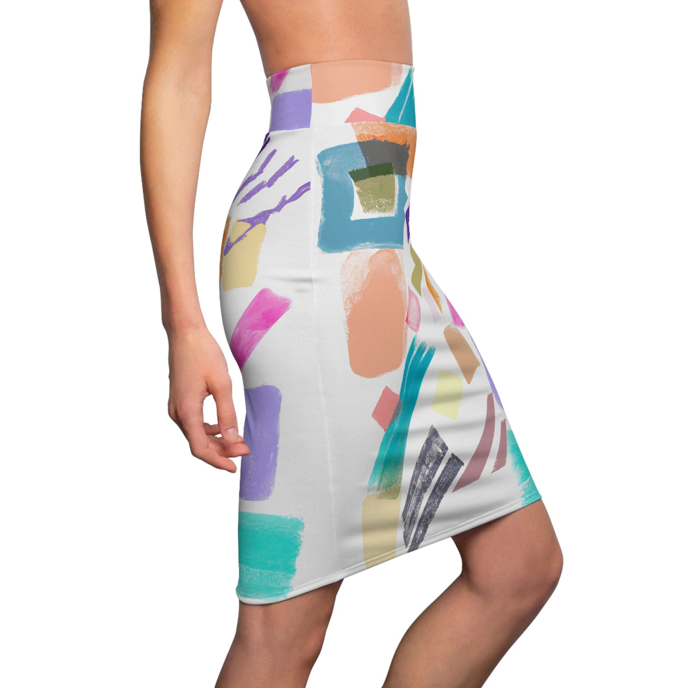 High Waist Womens Pencil Skirt - Contour Stretch - Multicolor Pastel Geometric