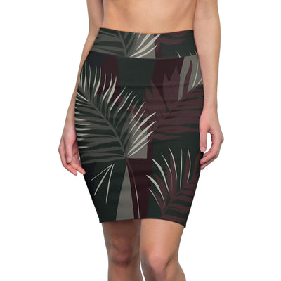 High Waist Womens Pencil Skirt - Contour Stretch - Palm Tree Leaves Maroon