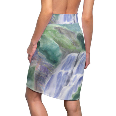 High Waist Womens Pencil Skirt - Contour Stretch - Purple Watercolor Waterfall