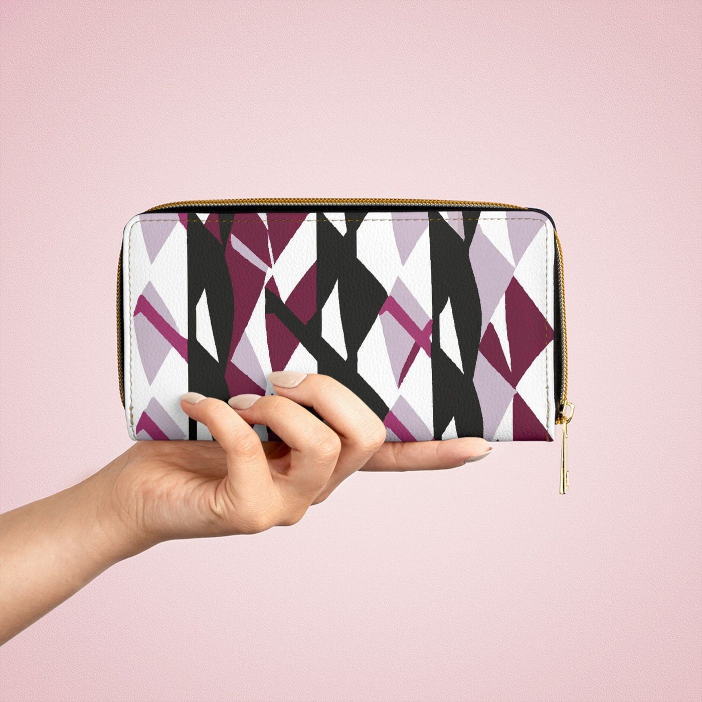 Mauve Pink And Black Geometric Pattern Womens Zipper Wallet Clutch Purse - Bags