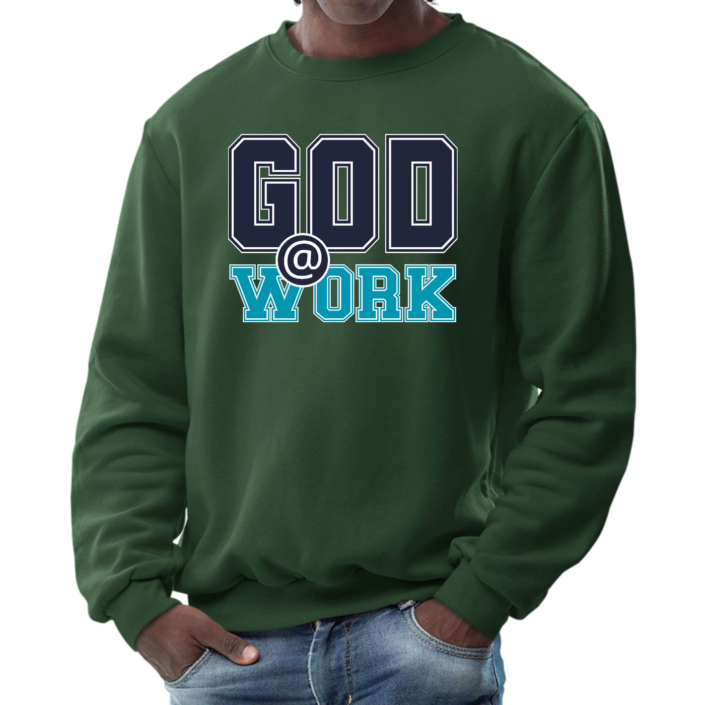 Mens Graphic Sweatshirt God @ Work Navy Blue And Blue Green Print - Mens
