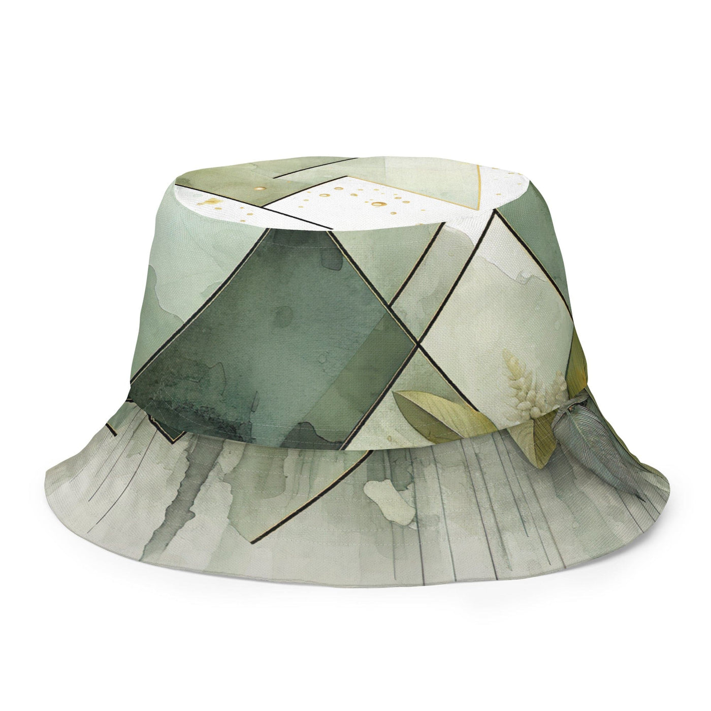 Reversible Bucket Hat Olive Green Mint Leaf Geometric Print