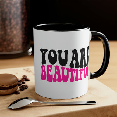 Two-tone Accent Ceramic Mug 11oz You Are Beautiful Retro Wavy Pink Black