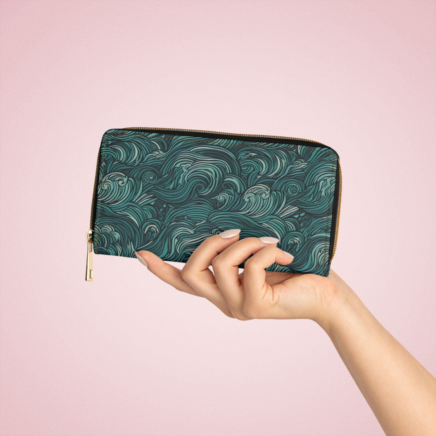 Water Wave Mint Green Illustration Womens Zipper Wallet Clutch Purse - Bags