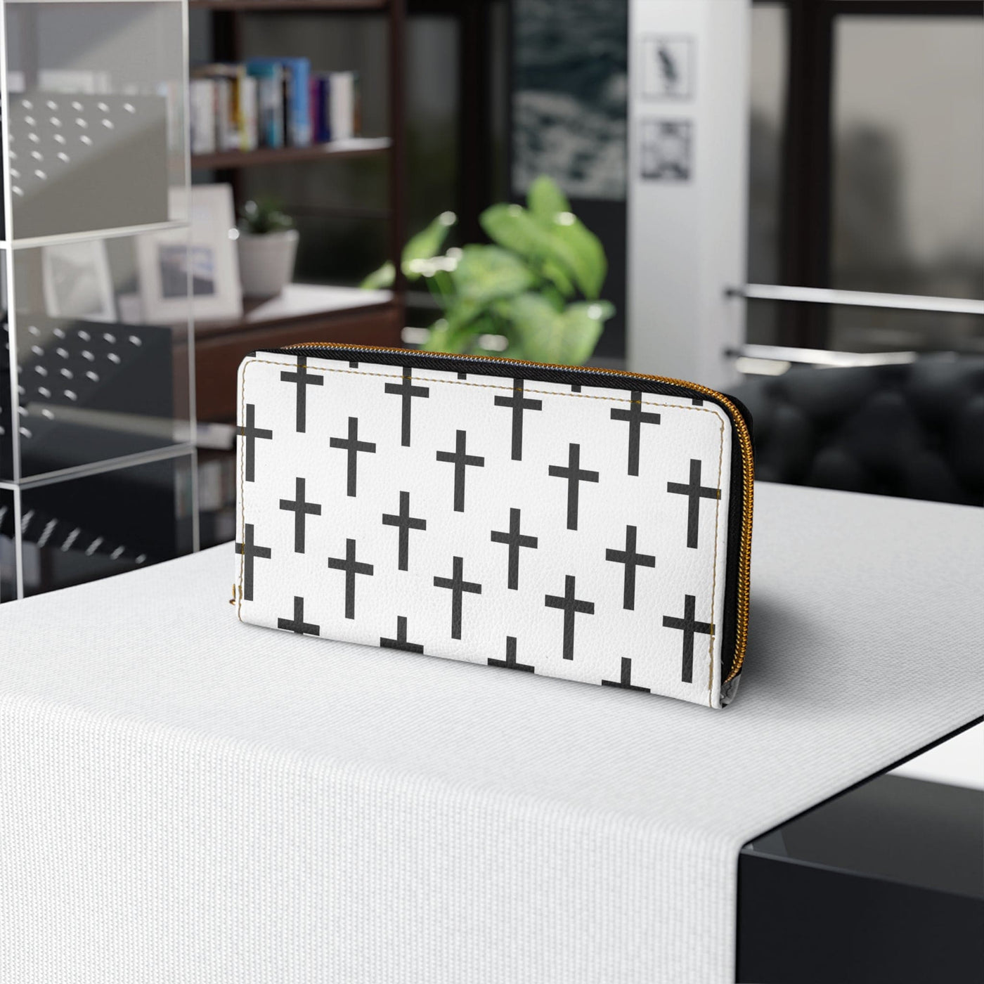 White And Black Seamless Cross Pattern Womens Zipper Wallet Clutch Purse - Bags