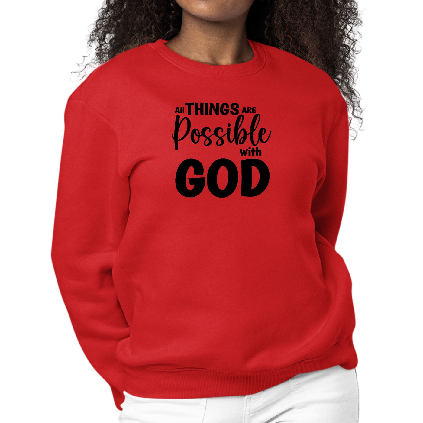 Womens Graphic Sweatshirt All Things Are Possible With God - Black - Womens