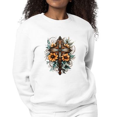 Womens Graphic Sweatshirt Christian Cross Floral Bouquet Brown - Womens