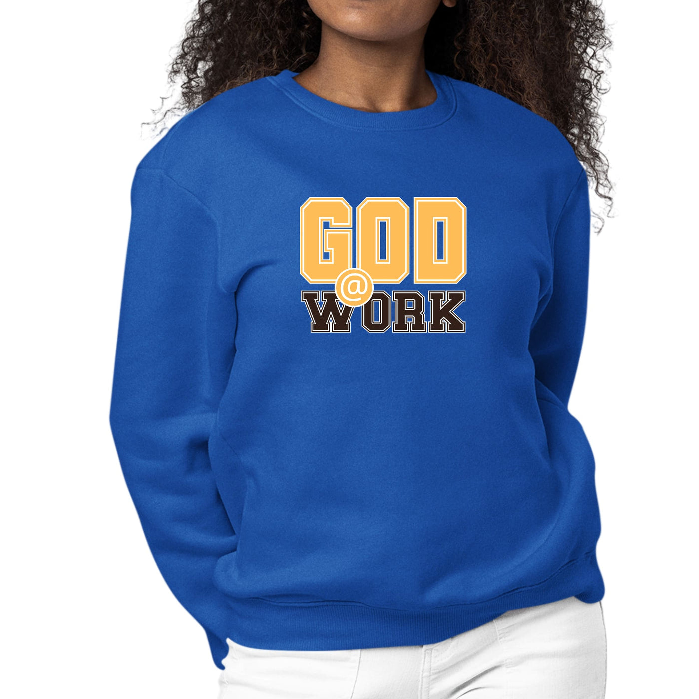Womens Graphic Sweatshirt God @ Work Golden Yellow And Brown Print - Womens