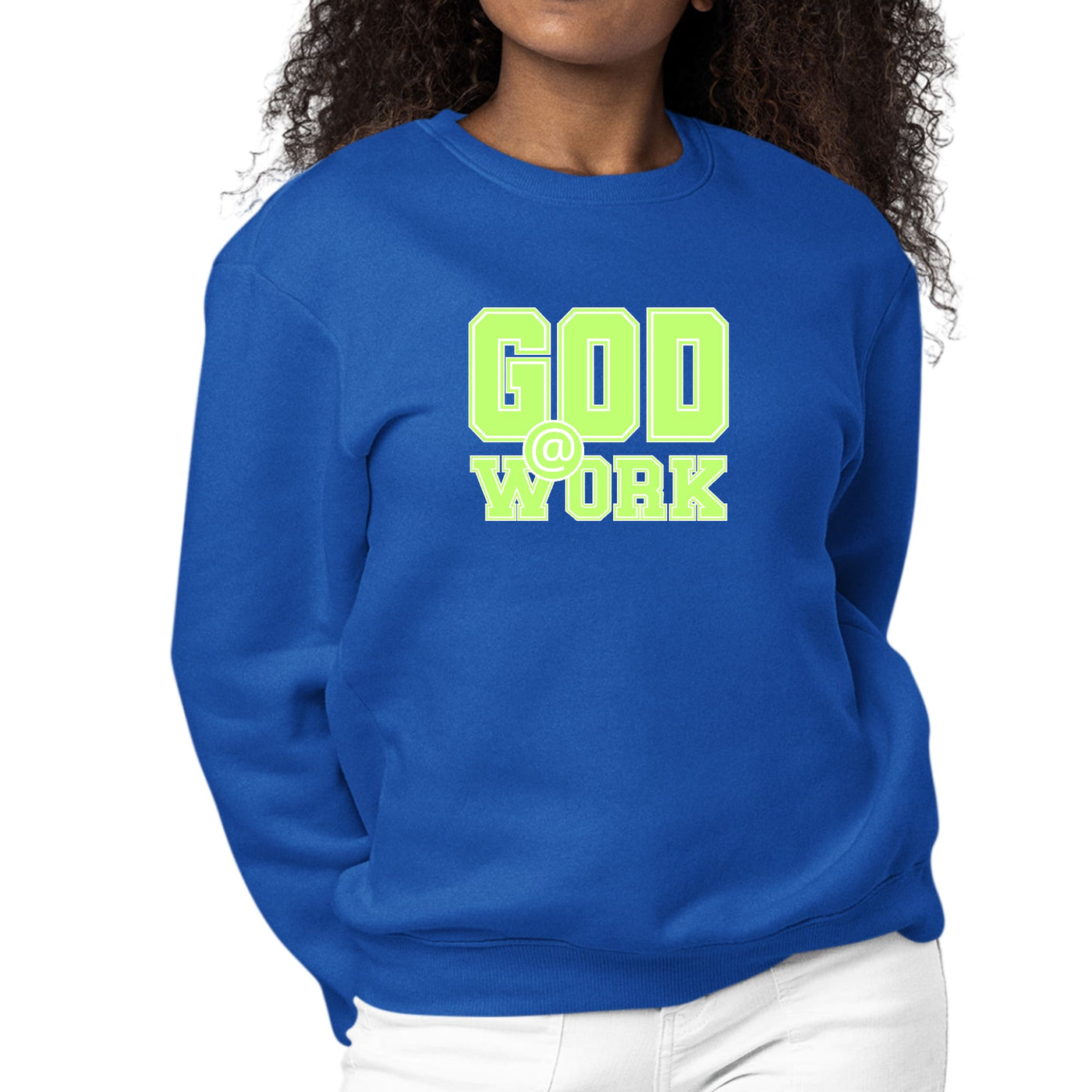 Womens Graphic Sweatshirt God @ Work Neon Green And White Print - Womens