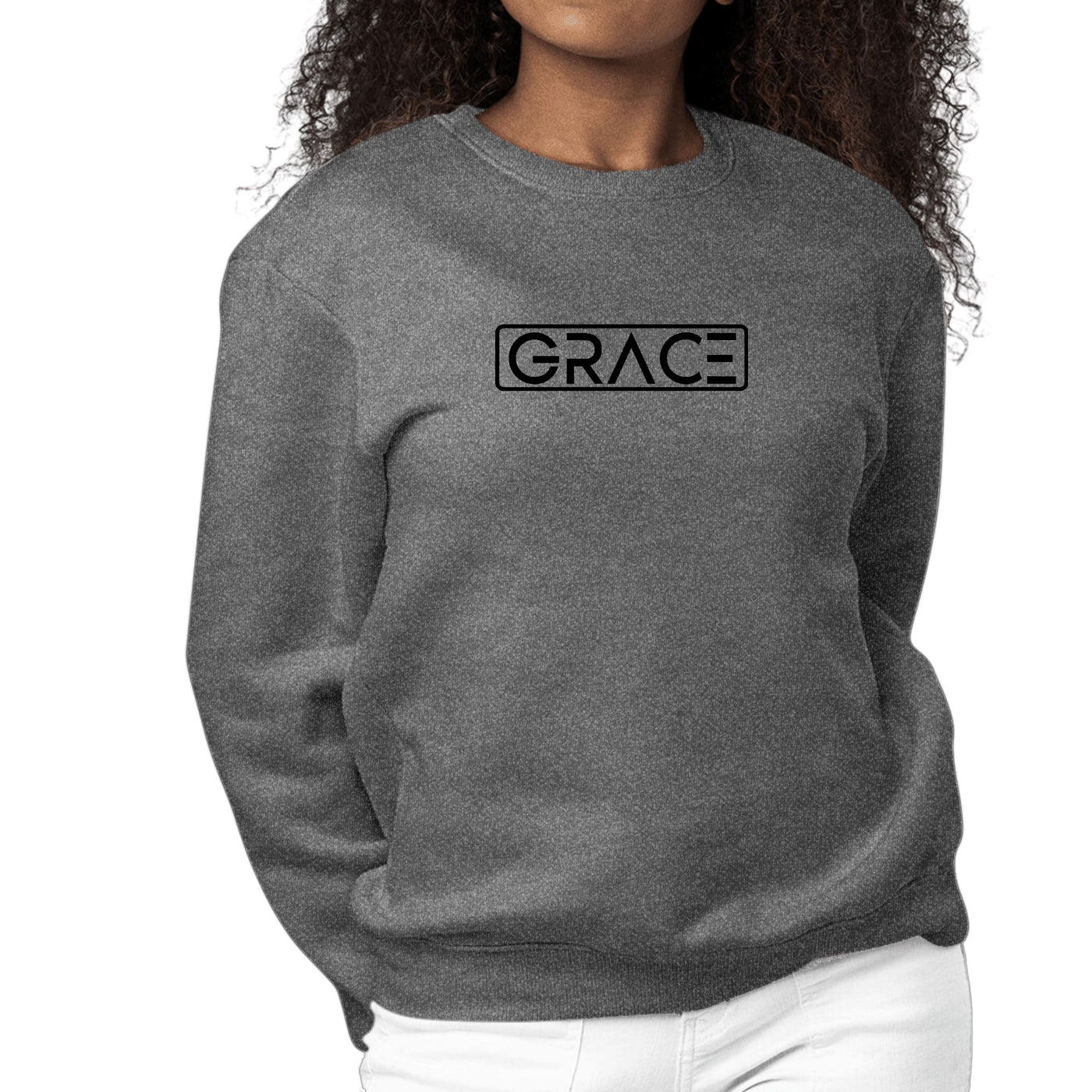 Womens Graphic Sweatshirt Grace Christian Black Illustration - Womens