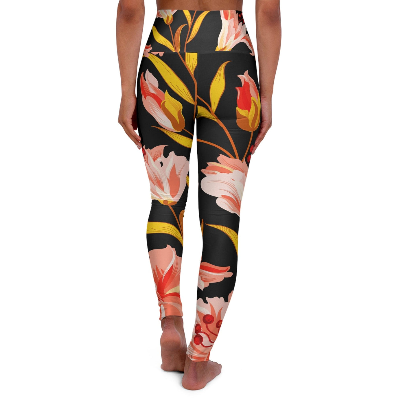 Womens High Waist Fitness Leggings Pink And Gold Floral - All Over Prints