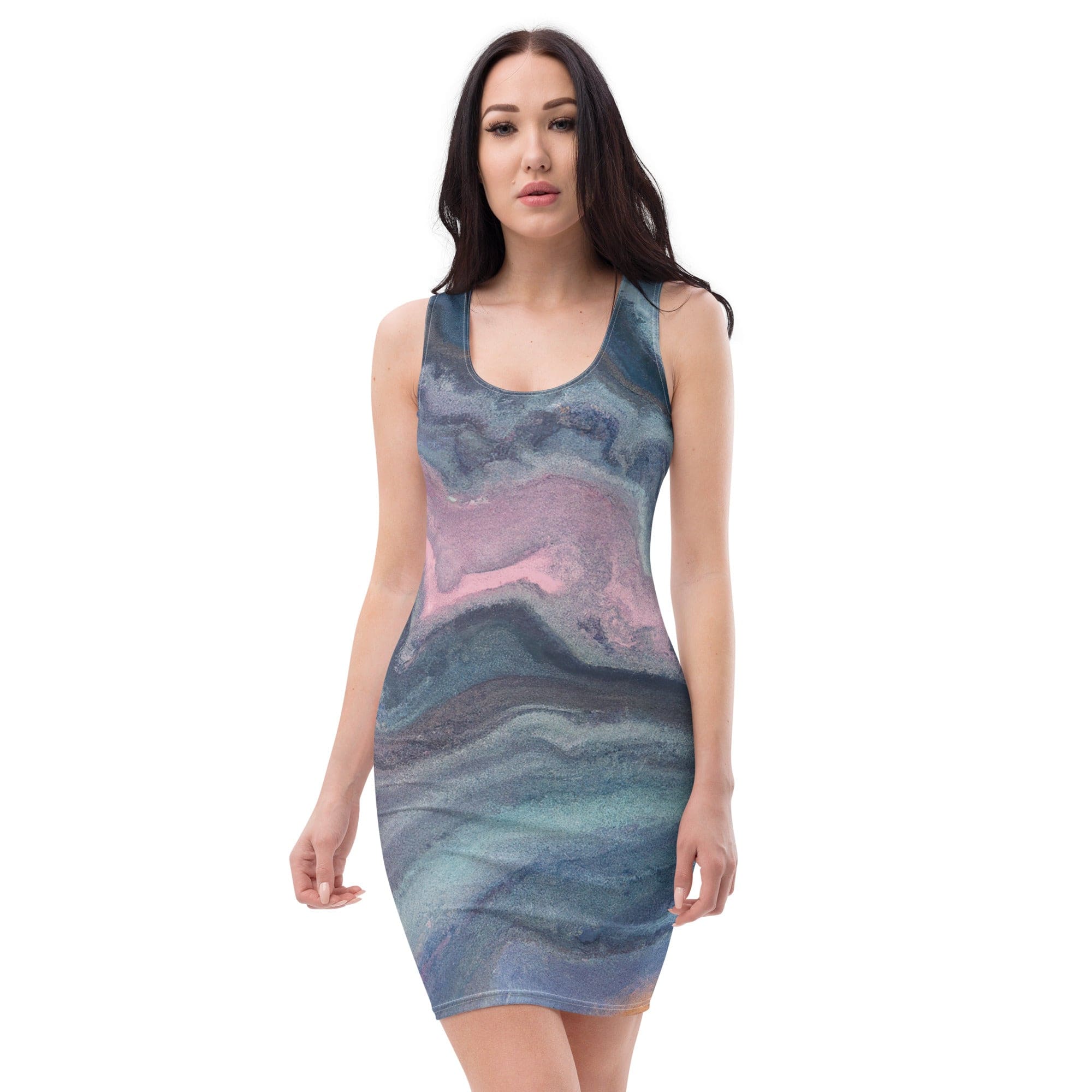 Womens Stretch Fit Bodycon Dress - Blue Pink Marble Swirl Print S Womens Stretch Fit Bodycon Dress - Blue Pink Marble Swirl Print S