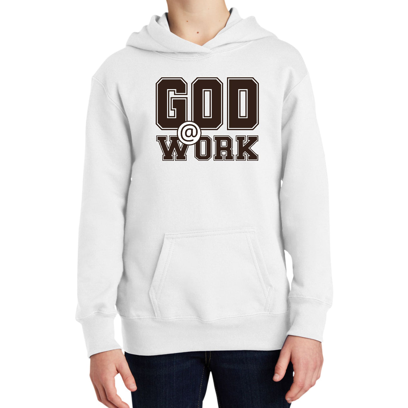 Youth Long Sleeve Hoodie God @ Work Brown And White Print - Youth | Hoodies