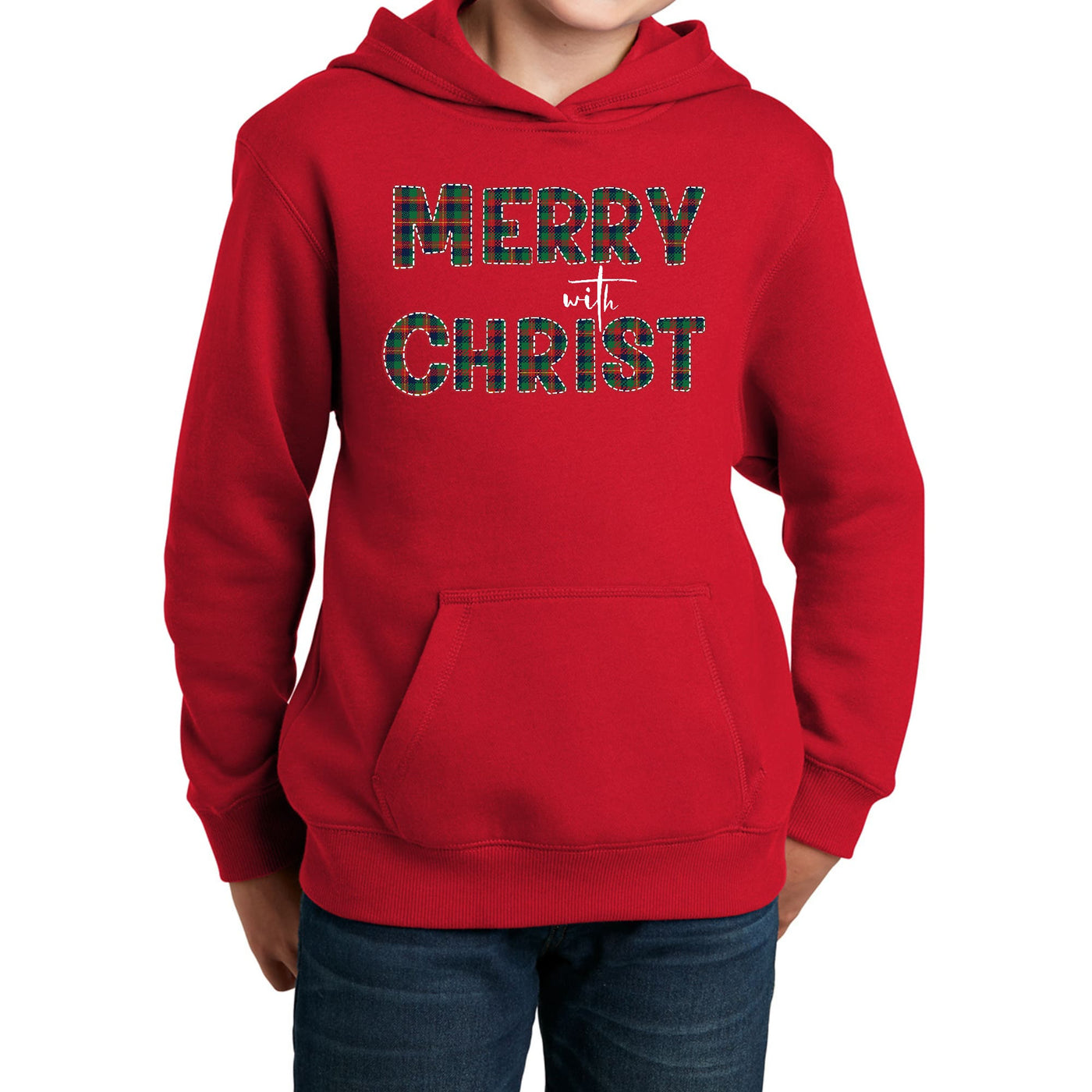 Youth Long Sleeve Hoodie Merry With Christ Red And Green Plaid - Youth | Hoodies