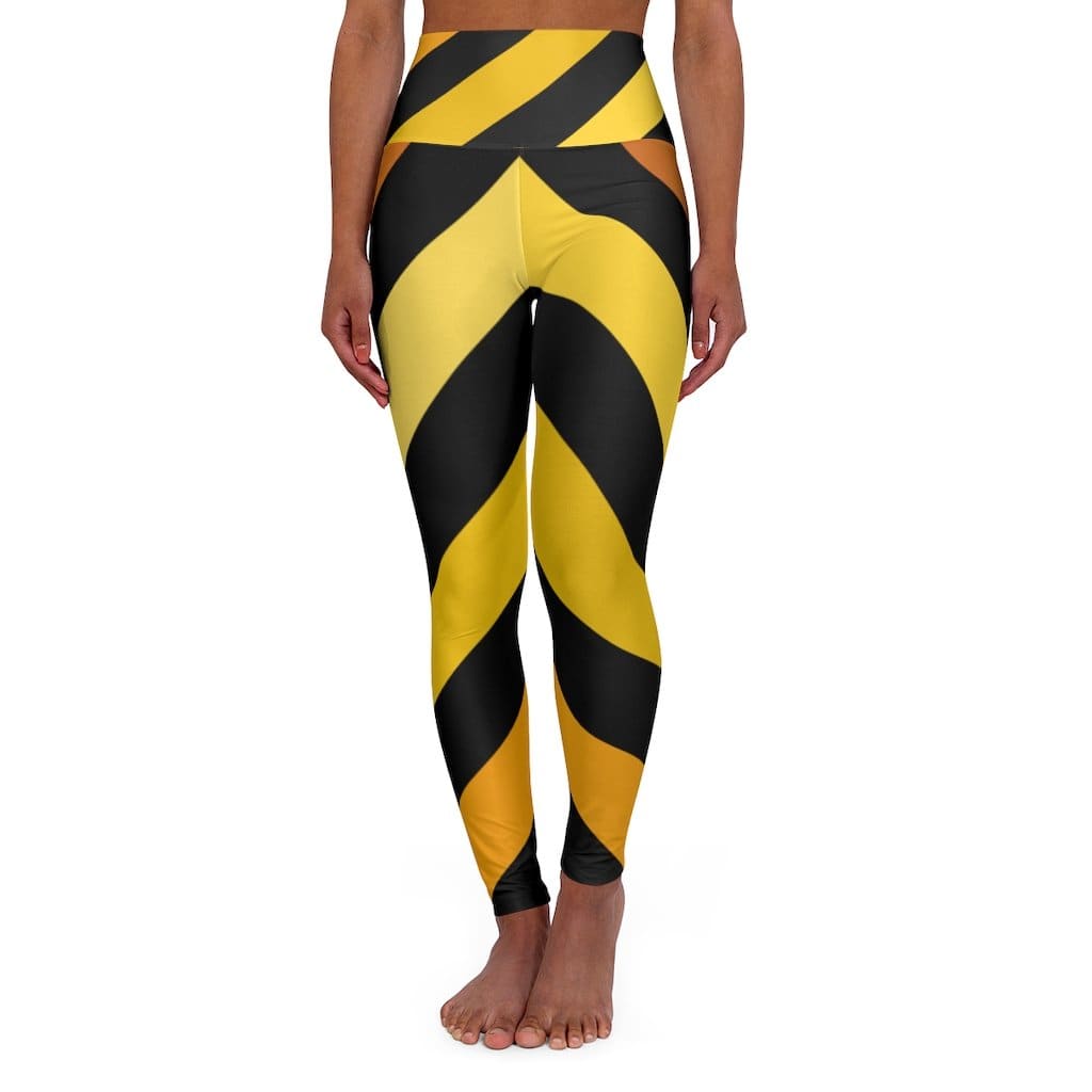 High Waisted Yoga Pants Black And Yellow Herringbone Style Sports Pants