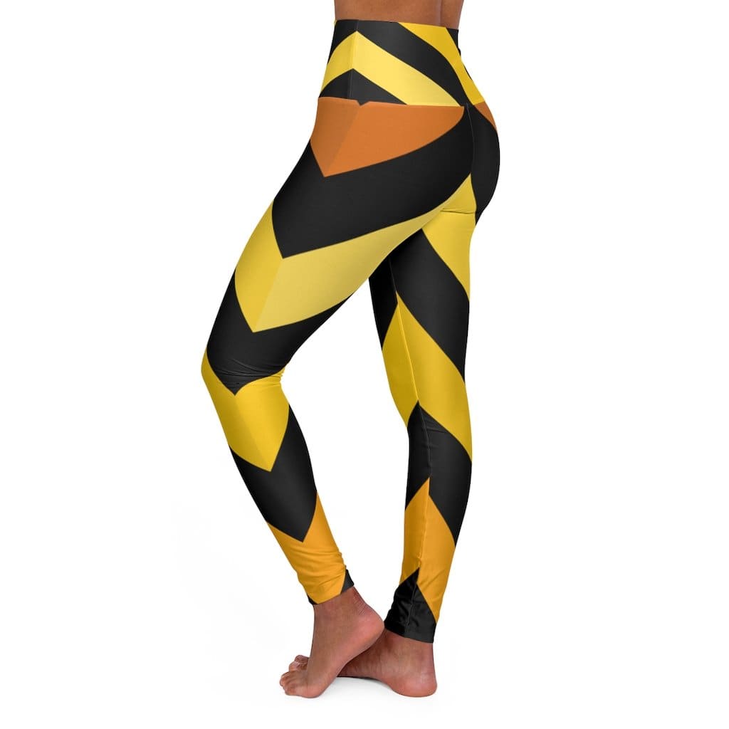 High Waisted Yoga Pants Black And Yellow Herringbone Style Sports Pants