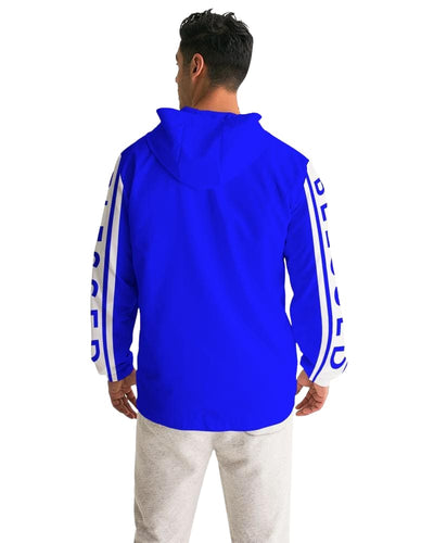 Mens Hooded Windbreaker - Blessed Sleeve Stripe Blue Water Resistant Jacket-