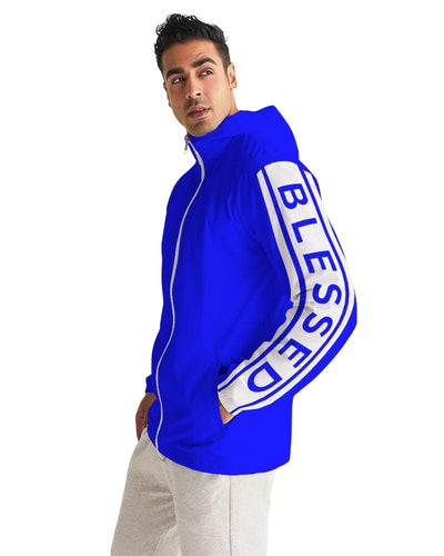 Mens Hooded Windbreaker - Blessed Sleeve Stripe Blue Water Resistant Jacket-