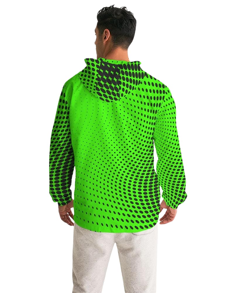 Mens Hooded Windbreaker Neon Green Polka Dot Water Resistant Jacket - Jjwd0x