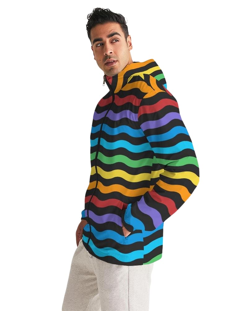 Mens Hooded Windbreaker - Rainbow Striped Water Resistant Jacket - J7my0x