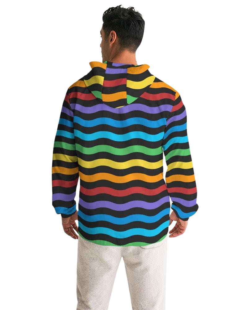 Mens Hooded Windbreaker - Rainbow Striped Water Resistant Jacket - J7my0x