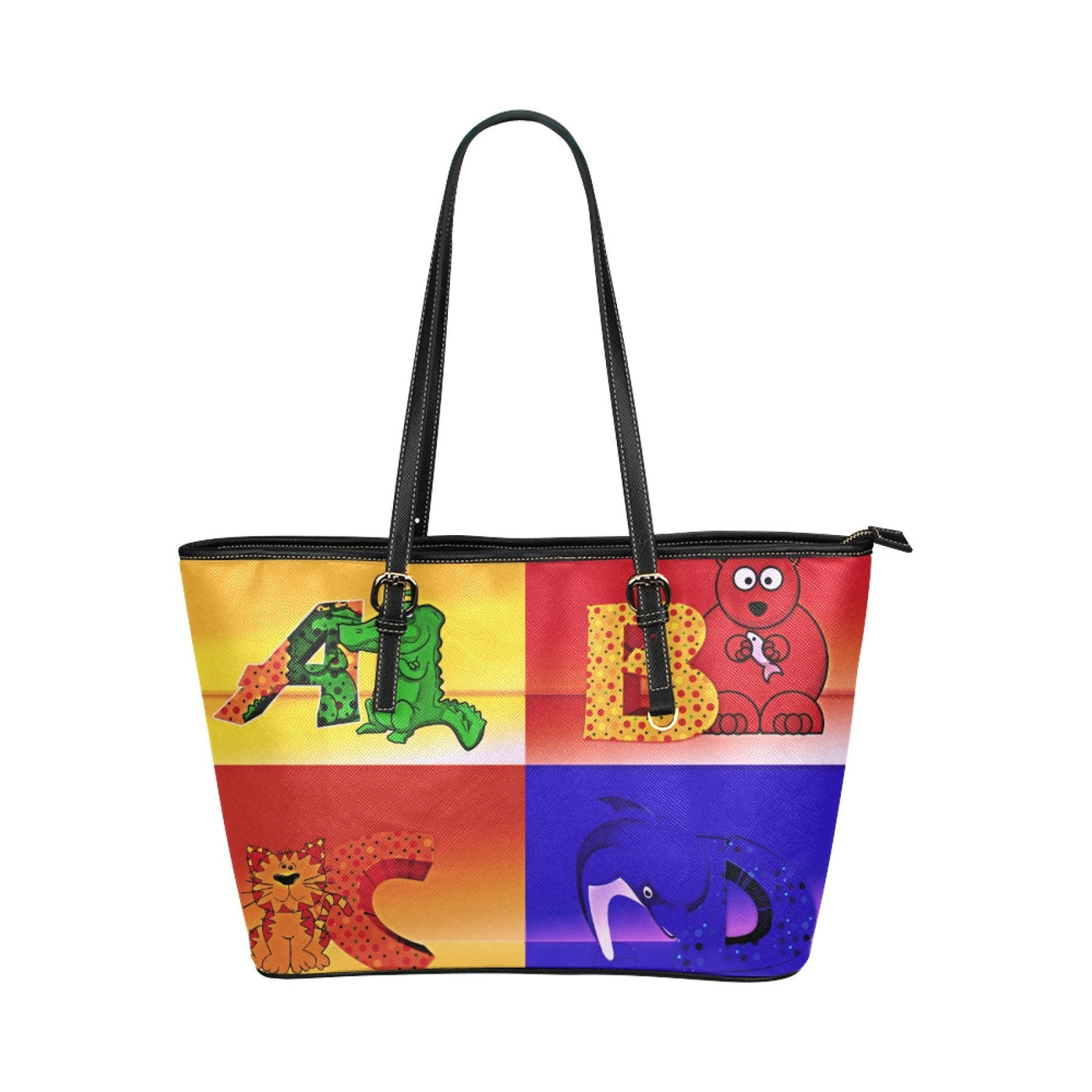 Large Leather Tote Shoulder Bag - Abcd Multicolor Illustration Bags