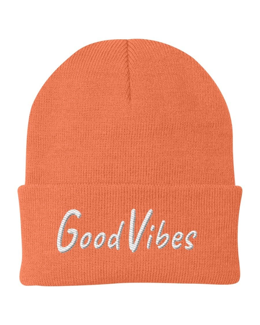 Beanie Knit Cap - Good Vibes Embroidered Hat / White Text - Unisex