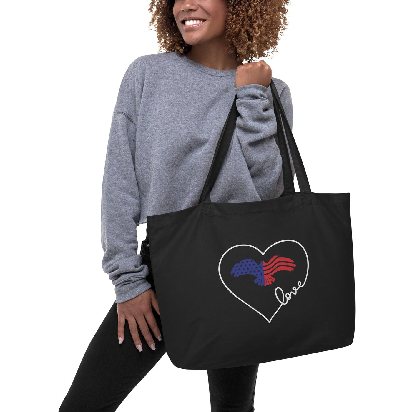 Large Black Tote Bag - Red Blue White Eagle Heart Inspirational Print - Bags