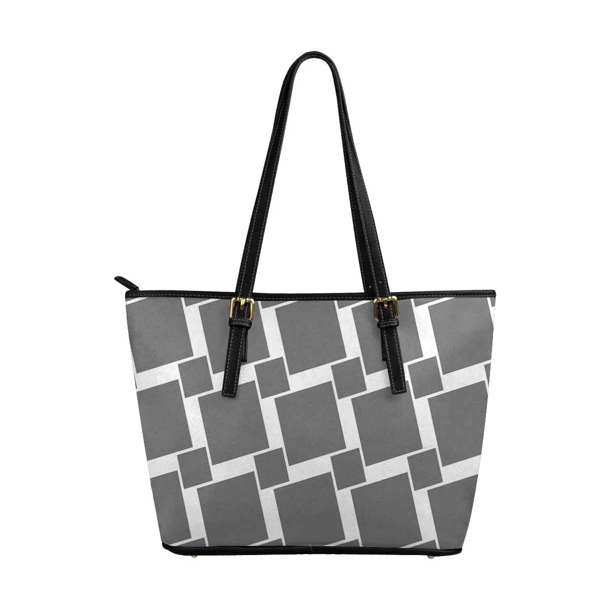 Large Leather Tote Shoulder Bag - Grey And White Grid Illustration - Bags