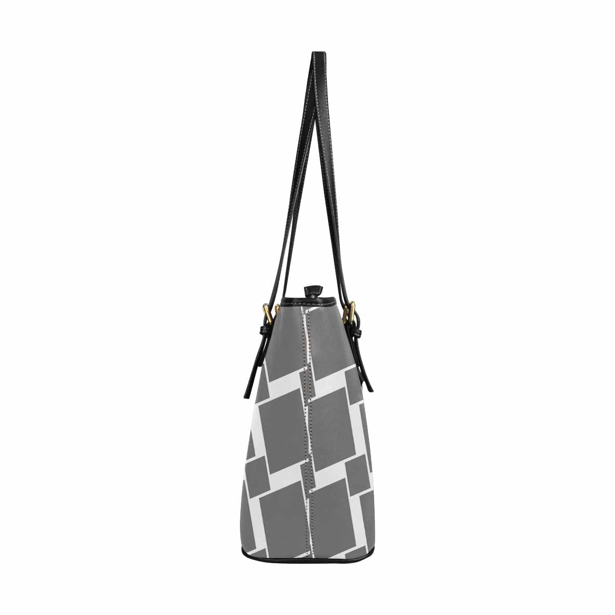 Large Leather Tote Shoulder Bag - Grey And White Grid Illustration - Bags
