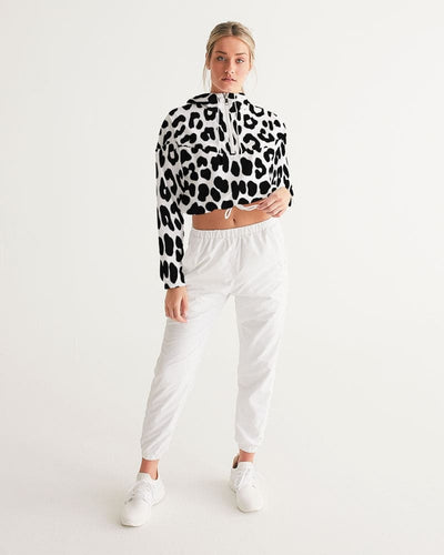 Womens Cropped Windbreaker Jacket - Black And White Leopard Print - Womens