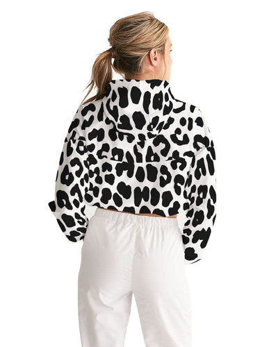 Womens Cropped Windbreaker Jacket - Black And White Leopard Print - Womens