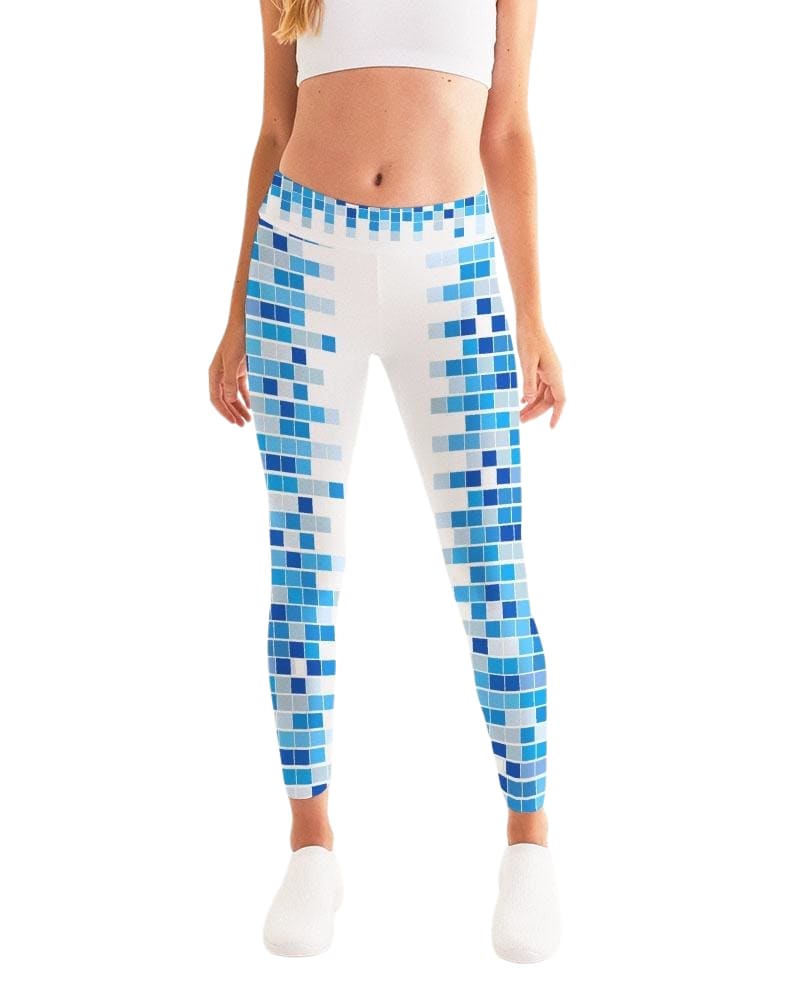 Womens High - waist Fitness Legging Yoga Pants Blue White Mosaic Squares