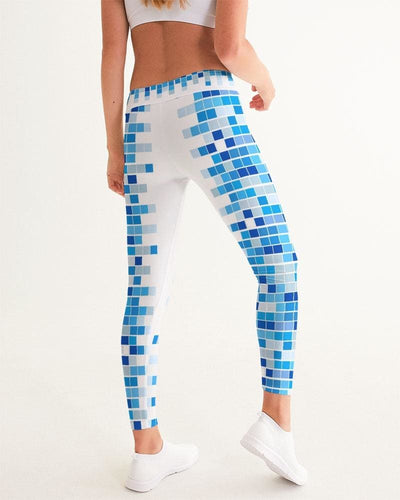 Womens High - waist Fitness Legging Yoga Pants Blue White Mosaic Squares
